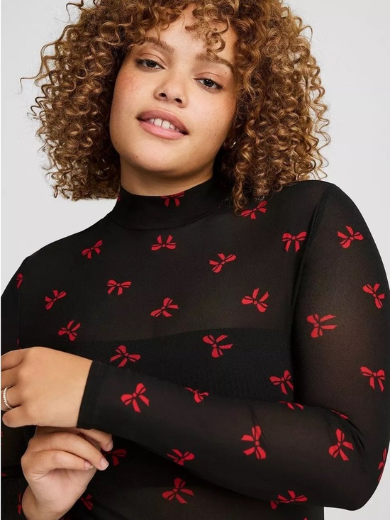 torrid Tops - NWT Torrid Black Mesh Red Bow Mock Neck Top 1X 14-16 Coquette